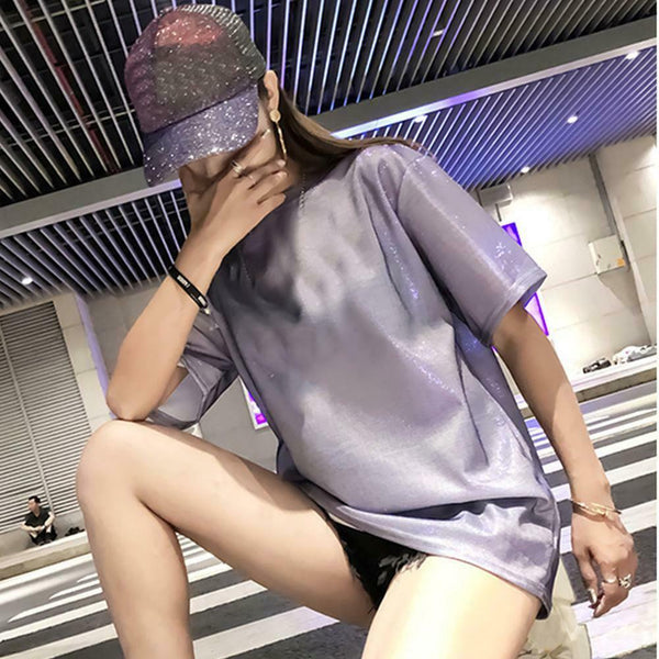 Fashion Women Bling Solid Short Sleeve Loose T-Shirts Long Tops (Purple L)