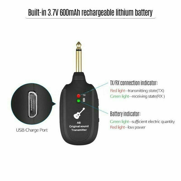 Guitar WIRELESS System Transmitter Receiver rechargeable BASS UHF Rechargeable