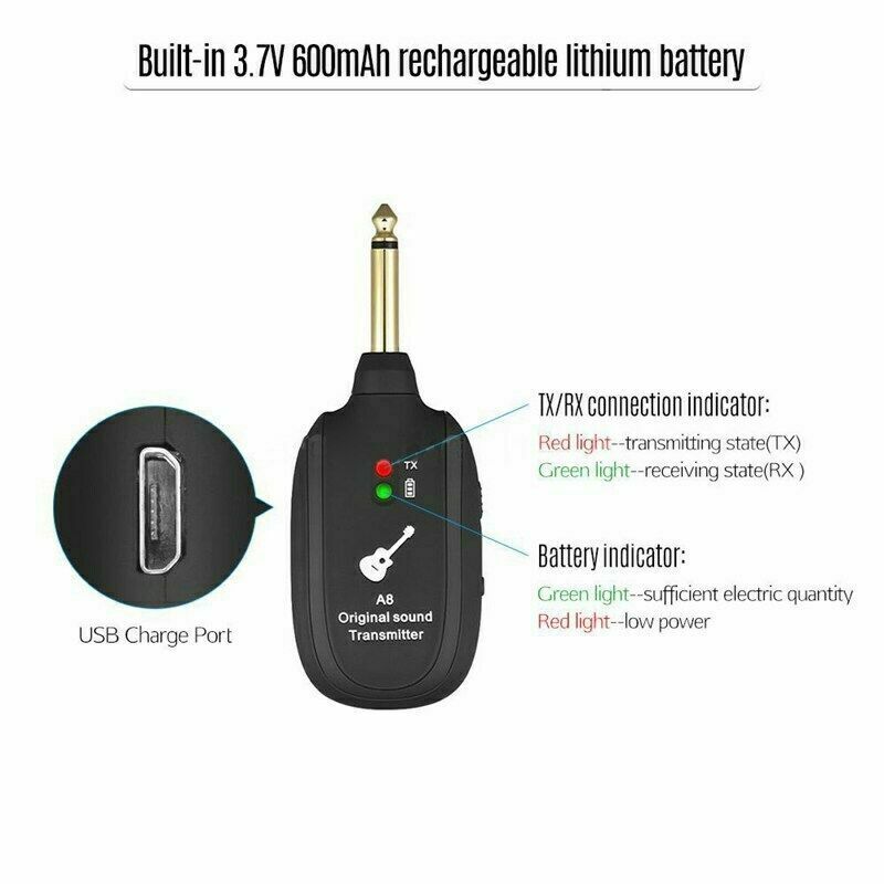 Guitar WIRELESS System Transmitter Receiver rechargeable BASS UHF Rechargeable