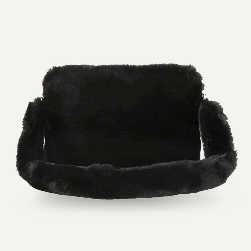 Women Plush Messenger Bag Big Capacity Fluffy Shoulder Handbags (Black)