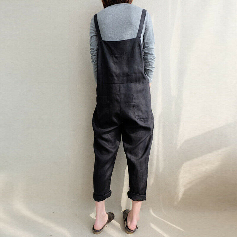 Casual Women Solid Color Strappy Pocket Loose Harem Jumpsuit Black S J6E4