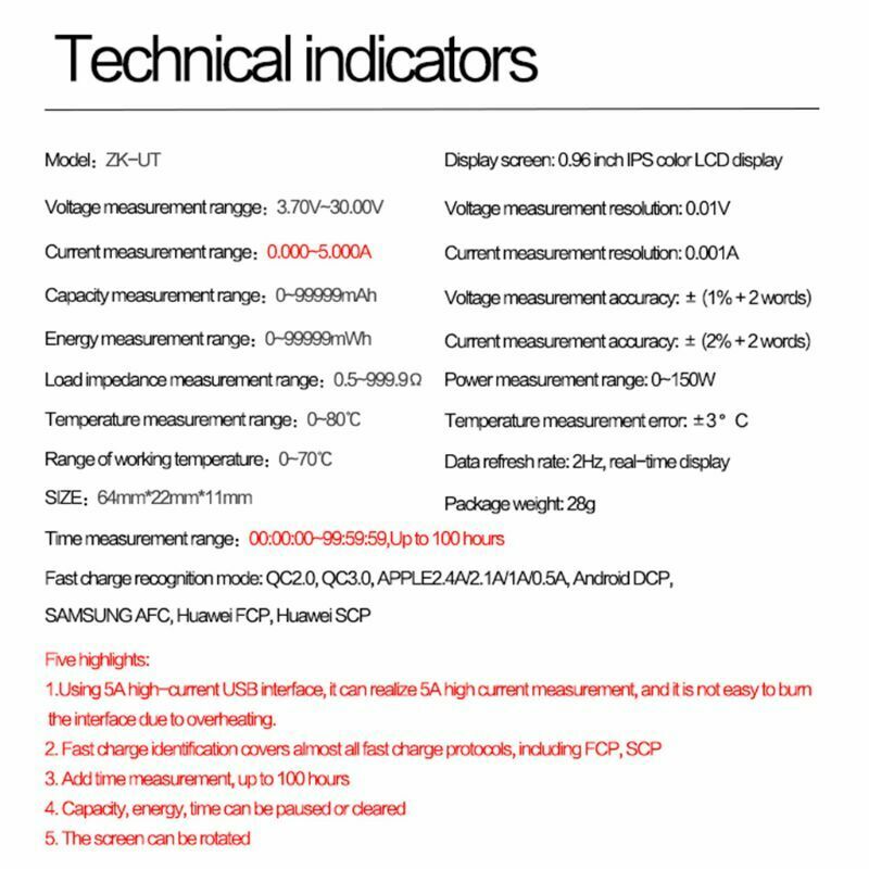DC 3.7V~30V 0-5A Digital USB Tester QC 2.0 3.0 FCP AFC DCP Quick Charge Detector