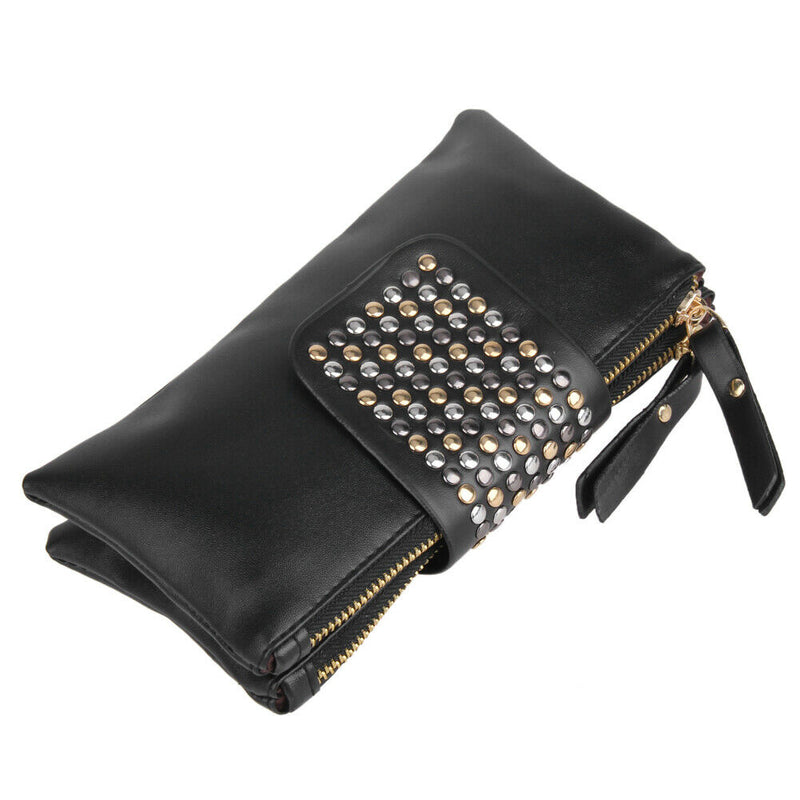 Women PU Leather Fashion Black Rivet Handbag Clutch Bag Zipper Long Wallet