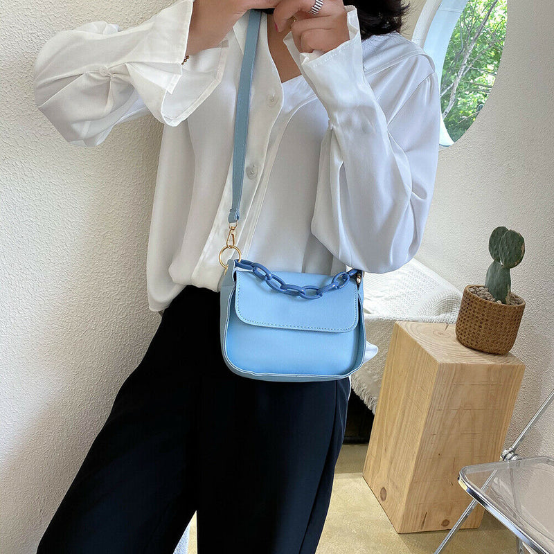 Solid PU Shoulder Bag Women Acrylic Chain Crossbody Small Handbag (Blue)