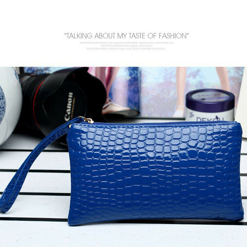 Retro Crocodile Leather Women Clutch Bag Zipper Purse Handbag (Dark Blue)