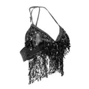 Women Belly Dance Costume Halter Top Bra Sequined Tassel Dance Costume BLACK