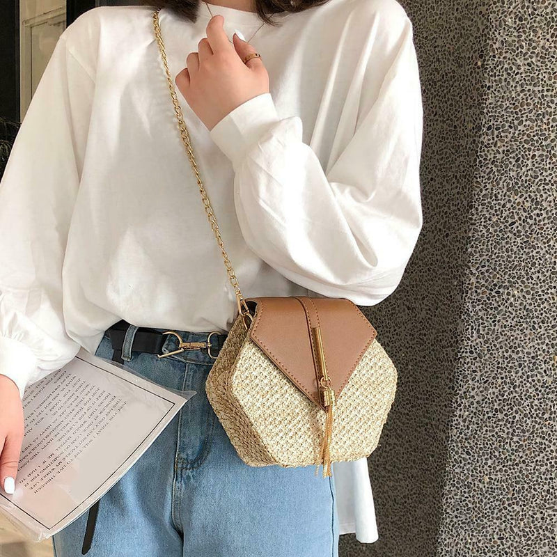 Hex-shape Straw+PU Shoulder Handbags Beach Women Top-handle Bags (Brown) A