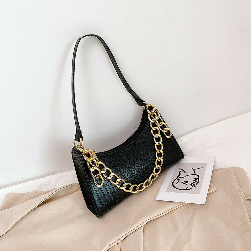 Casual PU Women Handbag Totes Chain Female Underarm Shoulder Bags (Black)