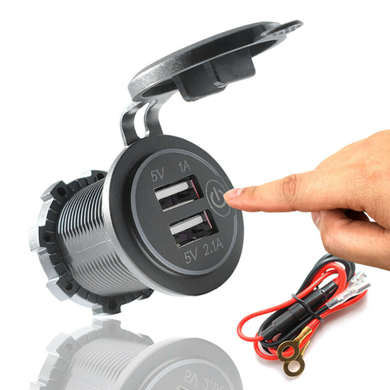 For Motorcycle Touch Switch 3.1A Dual USB Charger Socket Outlet with Power Cord