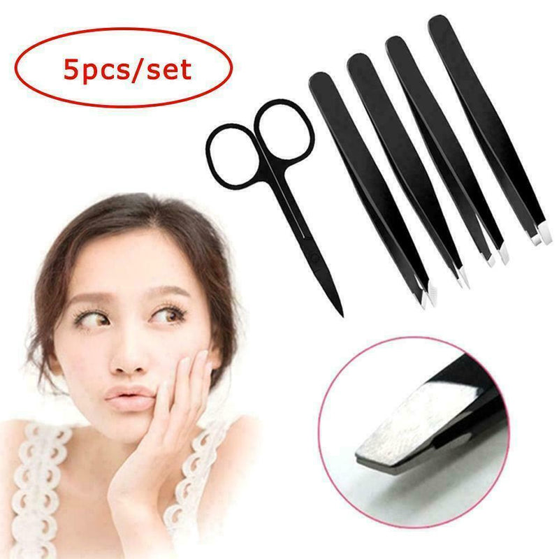 Tweezers 5PCS/Set Professional Stainless Steel Eyebrow Pluckers Case Set L1U7