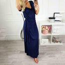 Short Sleeve Women Dress V-neck Binding Women Maxi Dresses (Dark Blue L) A