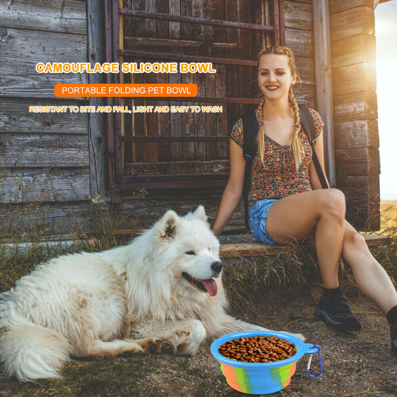 Dog Silicone Bowl Folding Outdoor Portable Pet Food Feeder Dish (Blue) A