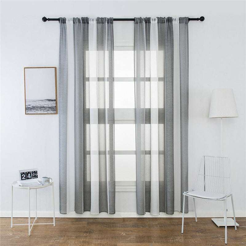 2xColourful Stripes Bedroom Sheer Curtains Faux Linen Voile Curtains~Color_3