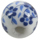 30x Flower Pattern Round Ceramic Beads 12mm(4/8inch) Dia. White+Blue