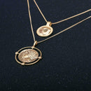 Women Retro Double Layers Alloy Round Pendant Long Necklace Clavicle Chain