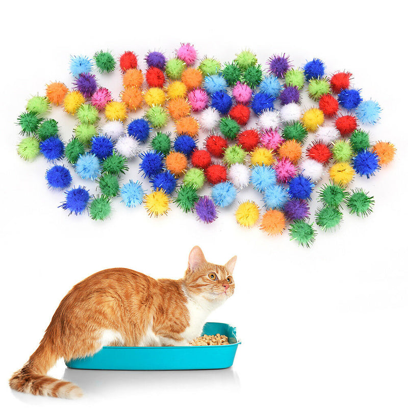 100X glitter tinsel pompom balls small pompoms ball cat puppy toys pet supply 3C