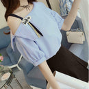 Short Sleeve Hollow Off Shoulder Strapless Stripe Women Tops (Blue XXL) A
