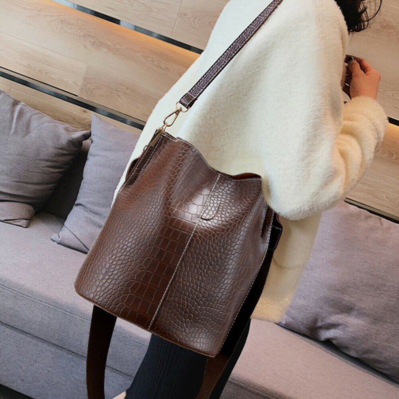 Crocodile PU Leather Women Shoulder Bag Messenger Bucket Handbag (Coffee) A