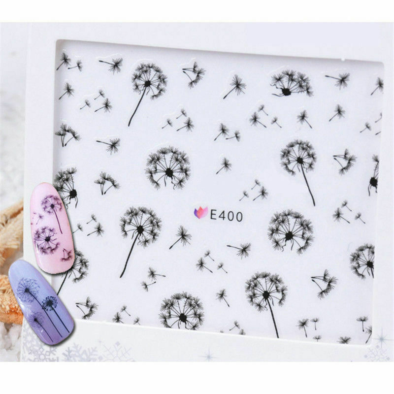 2X Nail Art Water Transfers Decals Stickers Black Dandelions Floral Gel Polish