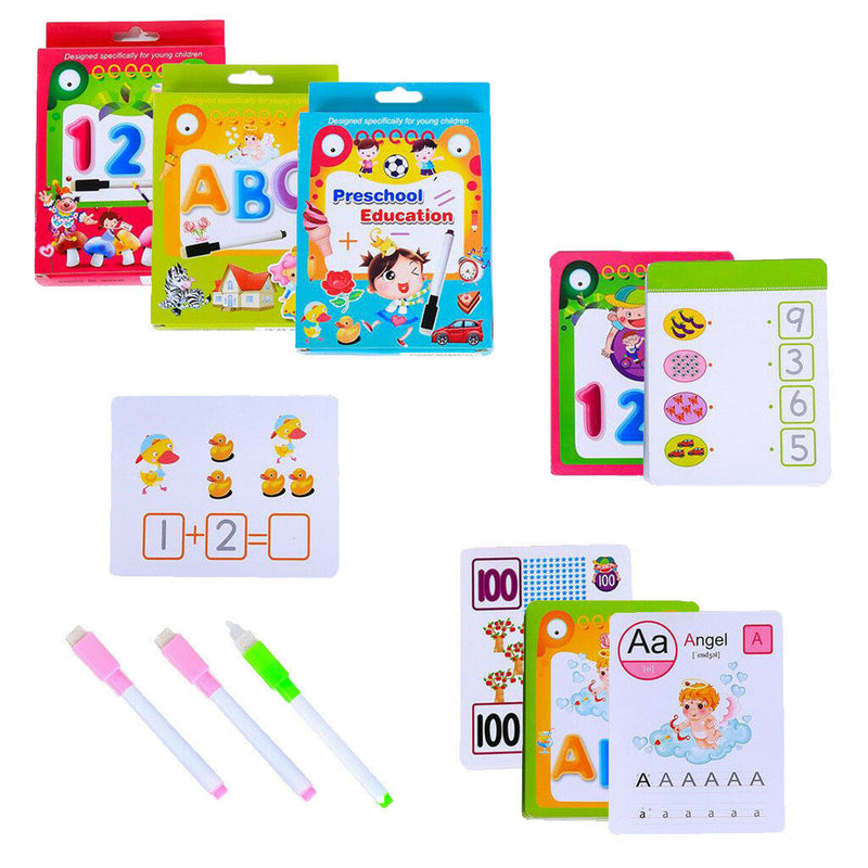3 Set Learning Flashcards Preschool Education w/Wipe-clean Pen for Parents