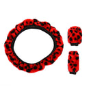 3Pcs /Set Red Leopard Fluff Plush Steering Wheel Cover Winter Car Accessori_