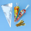 600pcs Clear Cellophane Cone Bags Twist Ties Large Size Party Sweet Cello Candy