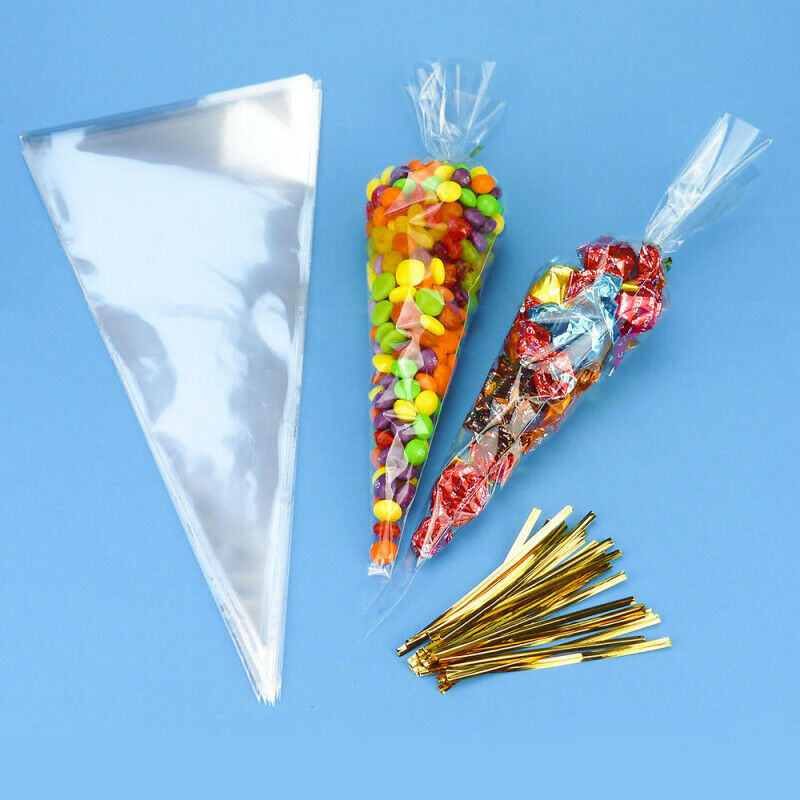 600pcs Clear Cellophane Cone Bags Twist Ties Large Size Party Sweet Cello Candy