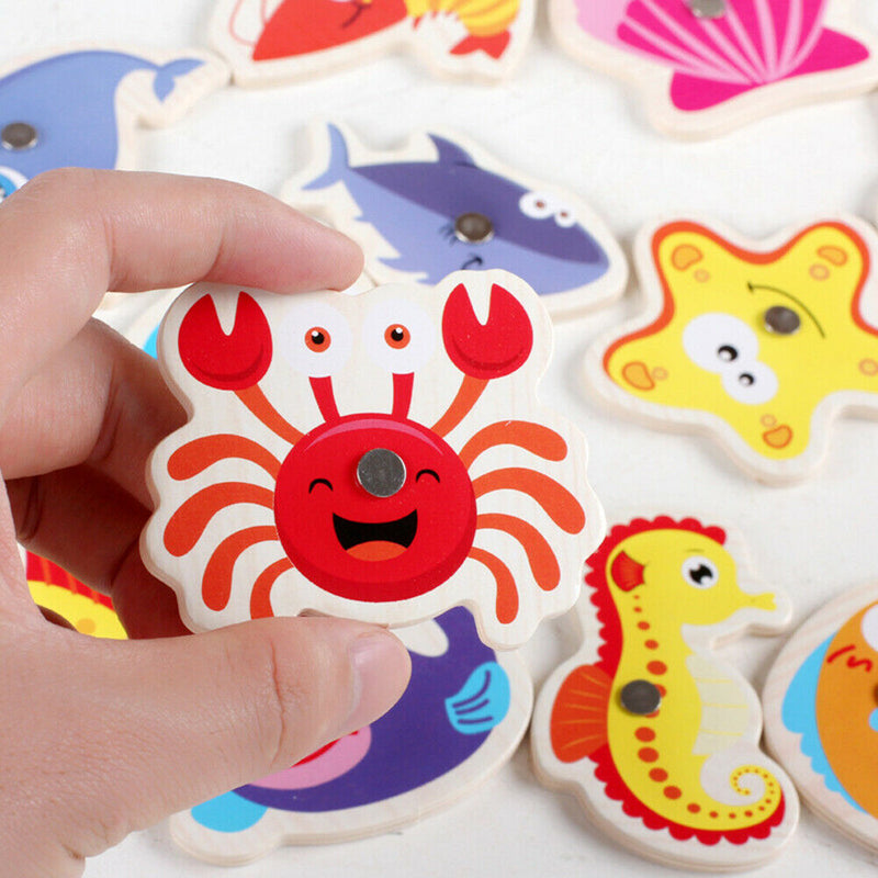 Wooden Two-Pole Sea Animal Fishing Magnetic Toys Set Early Education Game