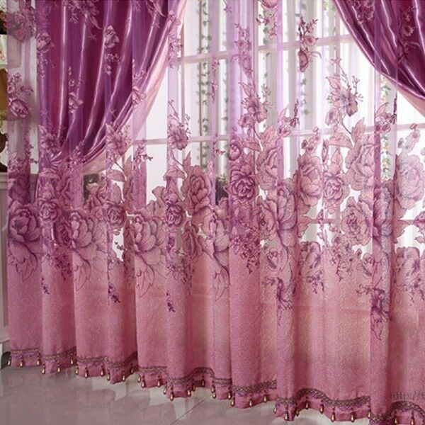 250*100cm Peony Voile Beads Living Room Window Tulle Sheer Curtain Purple