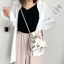 Embroidered Flower Bucket Bag Handbag Cute Girl Shoulder Messenger Bag Blue