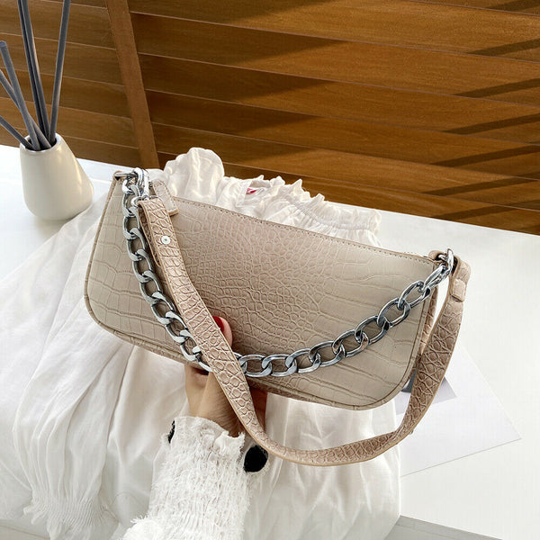 Women Chain Leather Underarm Shoulder Handbags (Alligator Pattern Khaki)