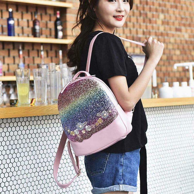 Glitter Shining Sequins Backpack Women Floral Travel School Bags (Pink)