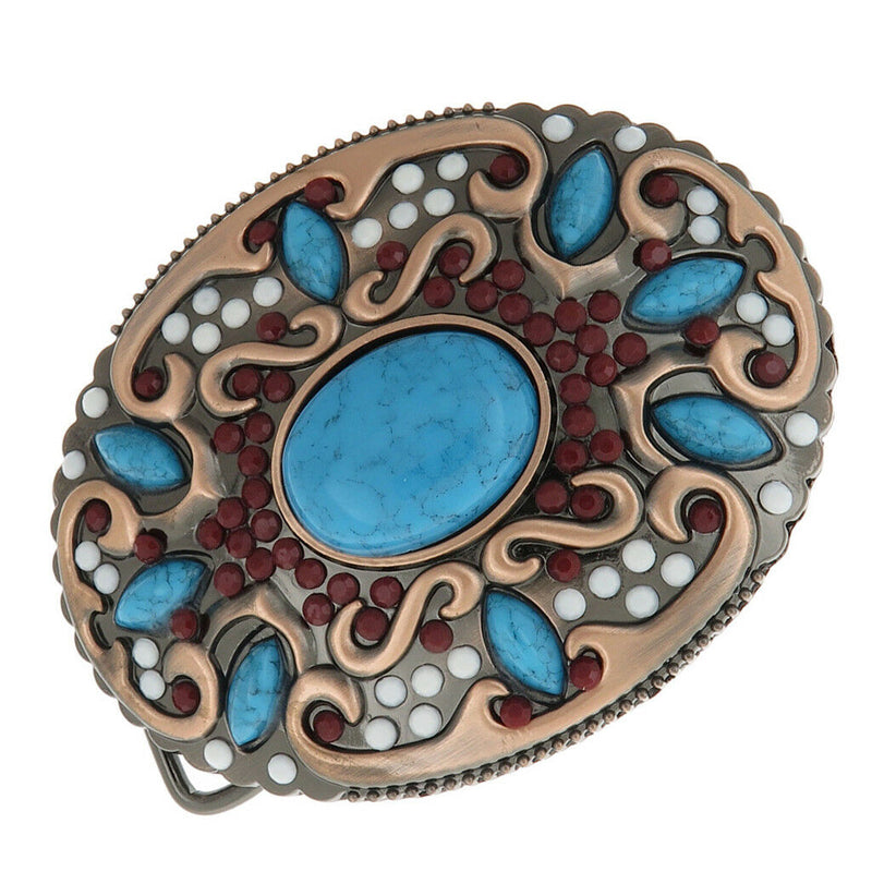 Retro Belt Buckle Western Fashion Turquoise Buckle with Gorgeous Bohe Beads