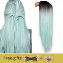 Black Mint Green Gradient Wig 65cm Long Bangs Long Straight Hair Adjustable
