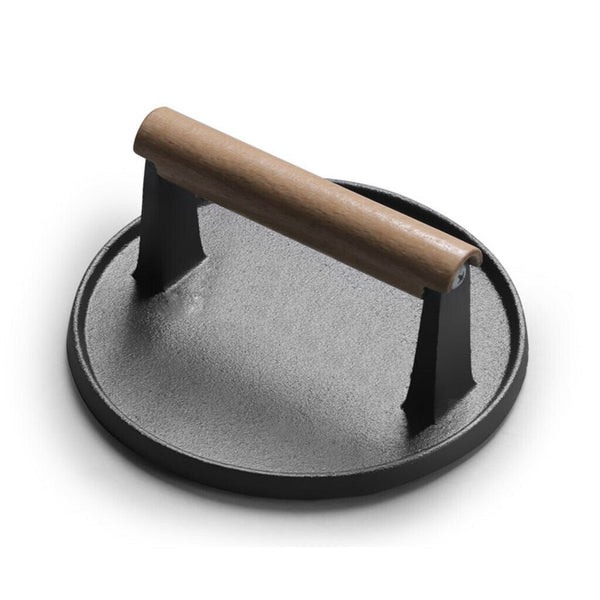 1x Professional BBQ Steak Meat Grill Press Cast Iron W/Wooden Handle