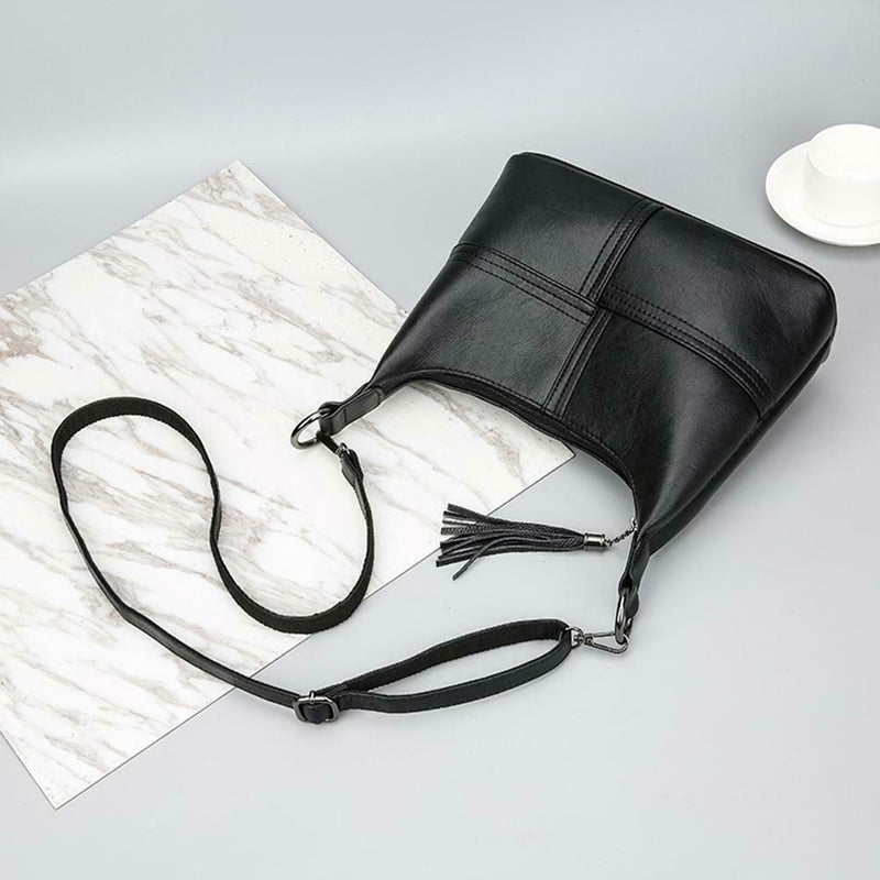 Women Messenger Soft Leather Shoulder Bags Tassel Crossbody Handbags (Black