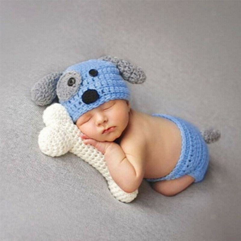 Cute Baby Hat Pants & Bone Set Crochet Knit Dog Costume Photo Photography Prop