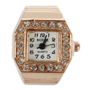 Square Dial Glitter Crystal Decor Elastic Band Finger Ring Watch Copper ToneJ3K3