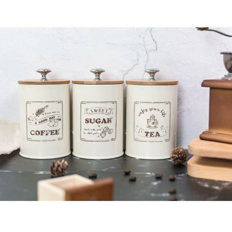 3pcs Retro Tea Coffee Sugar Canister Container Jar Pots Tins Iron w/ Lids