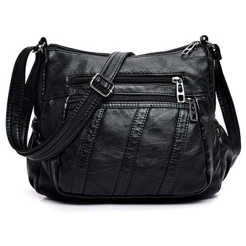 Fashion Women Crossbody Bag Black Soft Washed Leather Shoulder Bag Patchwor N3A9