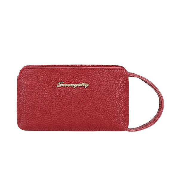 Women Handbag Leather Solid Color Money Purse Wrist Pocket Clutch (Red)