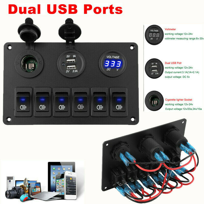 6-Gang Switch Control Panel LED Rocker Breaker Car Marine Boat Truck Circ Tw