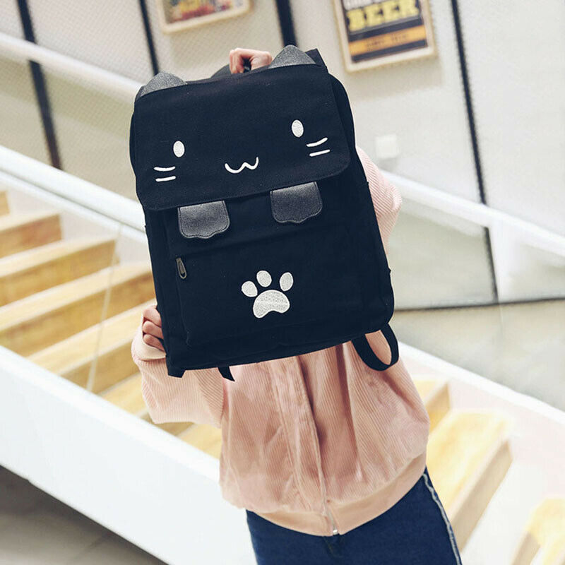 fashion Cute Cat Embroidery Canvas Student bag Cartoons Women Backpack Leis G1R7