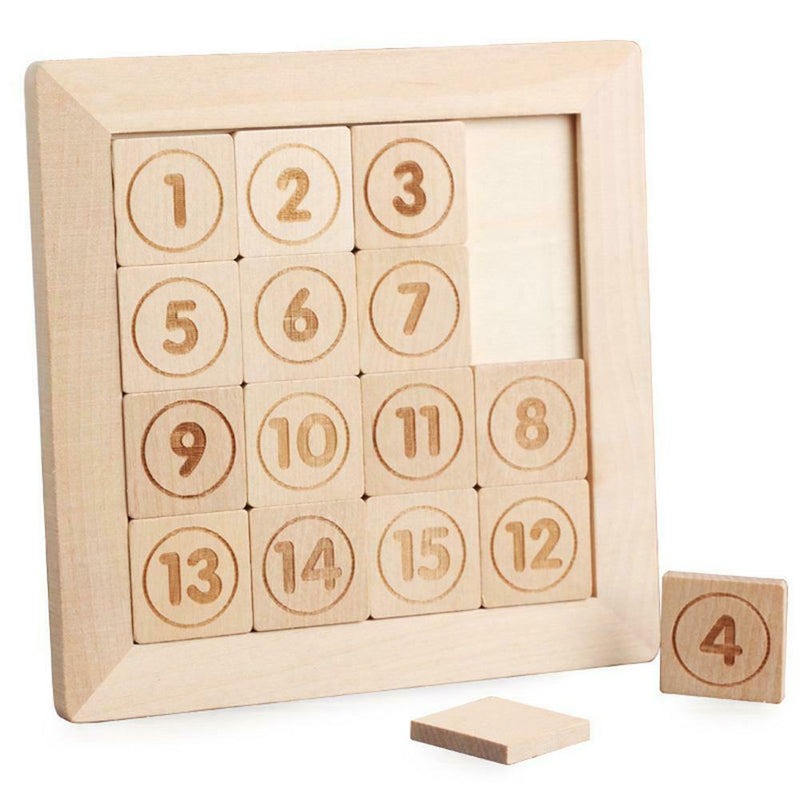 15 Sliding Tiles Math IQ Game Toys Wooden Brain Game for Adults Children