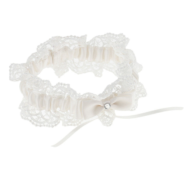 Wedding Celebration Bride Keepsake Beige Lace Crystal Bowknot Bridal Garter
