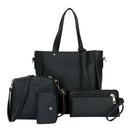 4pcs/Set Lichi Leather Tassels Women Tote Shoulder Clutch Card Bags (Black) A
