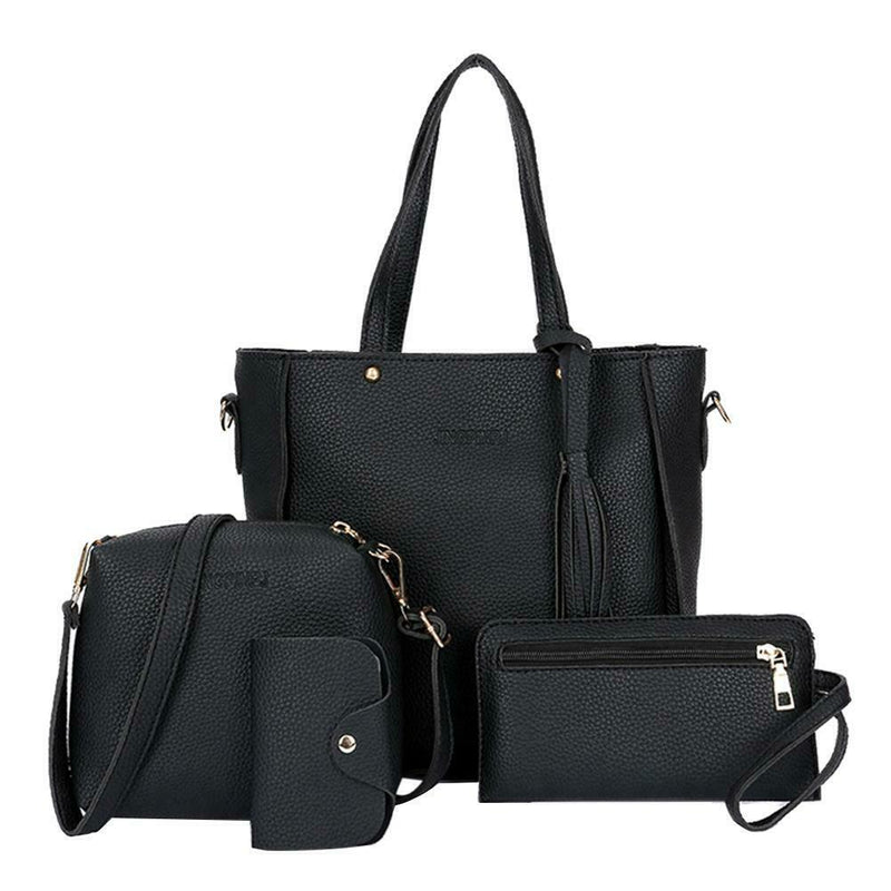4pcs/Set Lichi Leather Tassels Women Tote Shoulder Clutch Card Bags (Black) A
