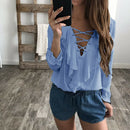Women Autumn V-Neck Ruffles Pullover Comfortable Blouse Long Sleeve Shirt Tops