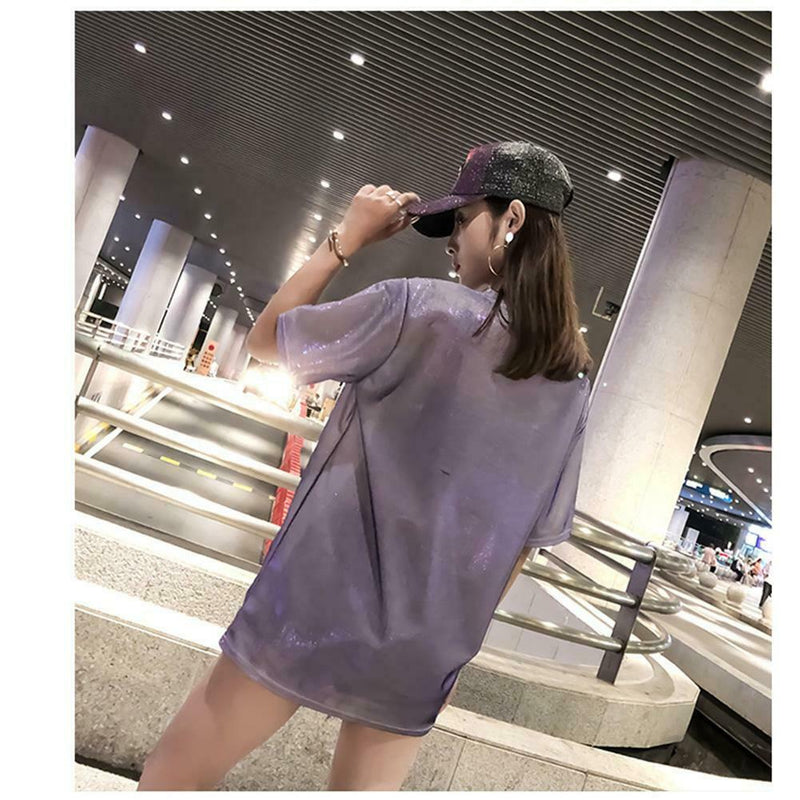 Fashion Women Bling Solid Short Sleeve Loose T-Shirts Long Tops (Purple L)