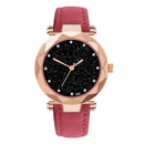 Women PU Leather Quartz Luxury Starry Sky Crystal Dial Watches (Rose Red) A
